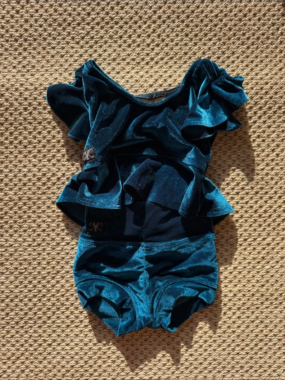 Kandi Kouture Girls Teal Velvet Ruffle Dance Leotard Costume size child small